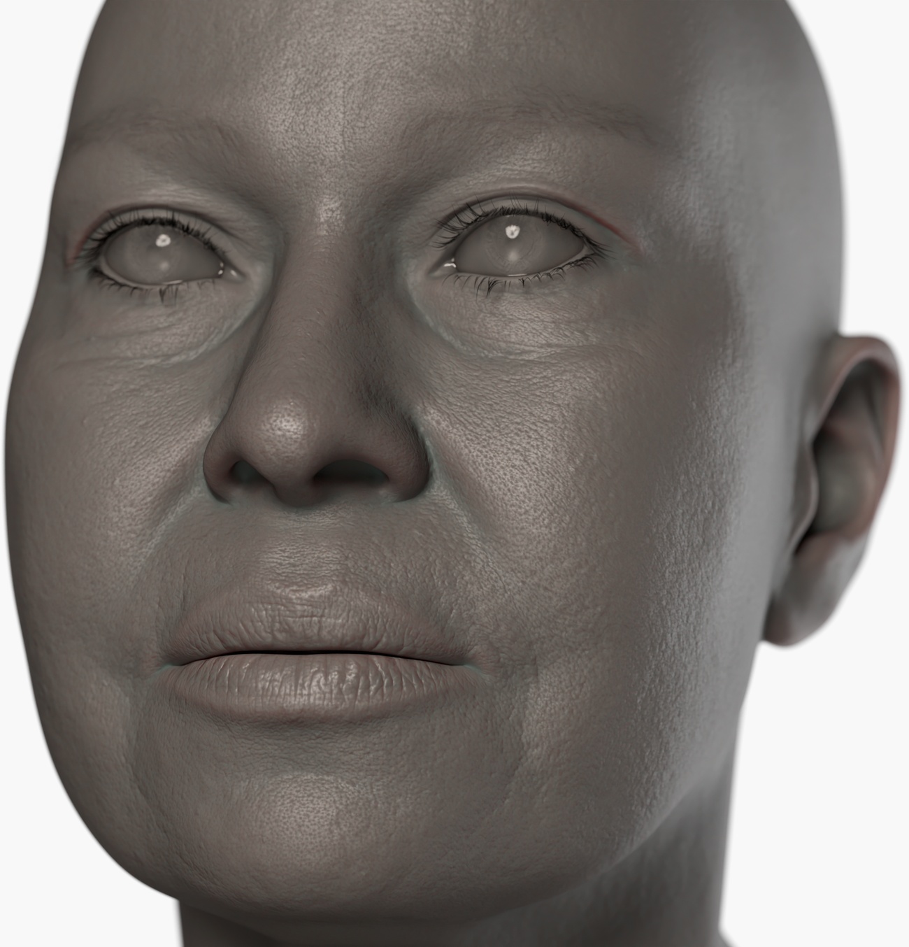 Clay render of a middle-aged female head 3D scan highlighting skin pore detail and surface geometry accuracy